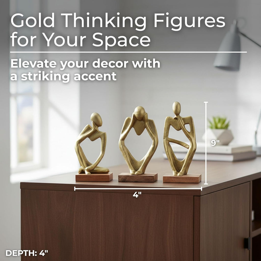 Three Piece Deep Thoughts Figurine Set - Contemporary Gold Thinking Figures - Set of 3 Abstract Decorative Person Statues for Home or Office Decor Accent