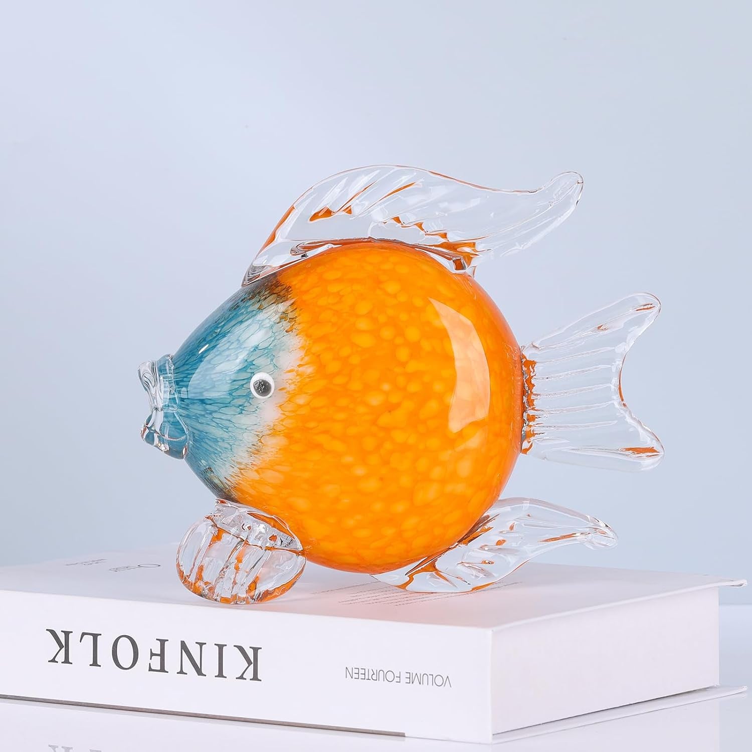 Large Glass Fish Figurines Hand Blown Glass Fish Statue and Sculpture Home Decor, Murano Animal Tropical Sea Glass Paperweights for Desk, Glass Aquarium Coastal Beach Decorative (Orange)