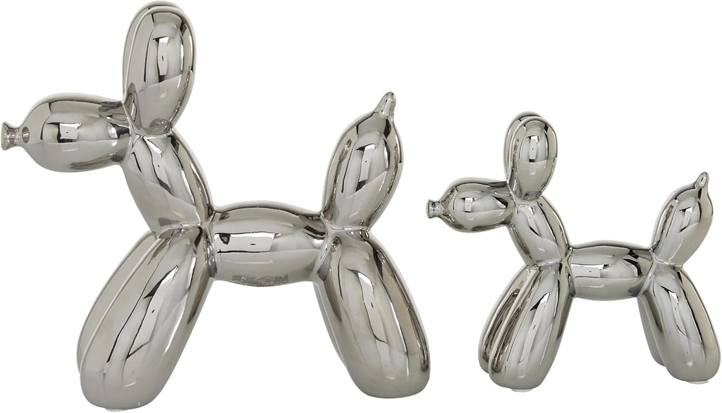 Deco 79 Porcelain Ceramic Dog Sculpture, Set of 2 Sculpture 9", 7"H, Silver | Decorative Dog Animals Balloon Home Decor Statues Statue Figurine