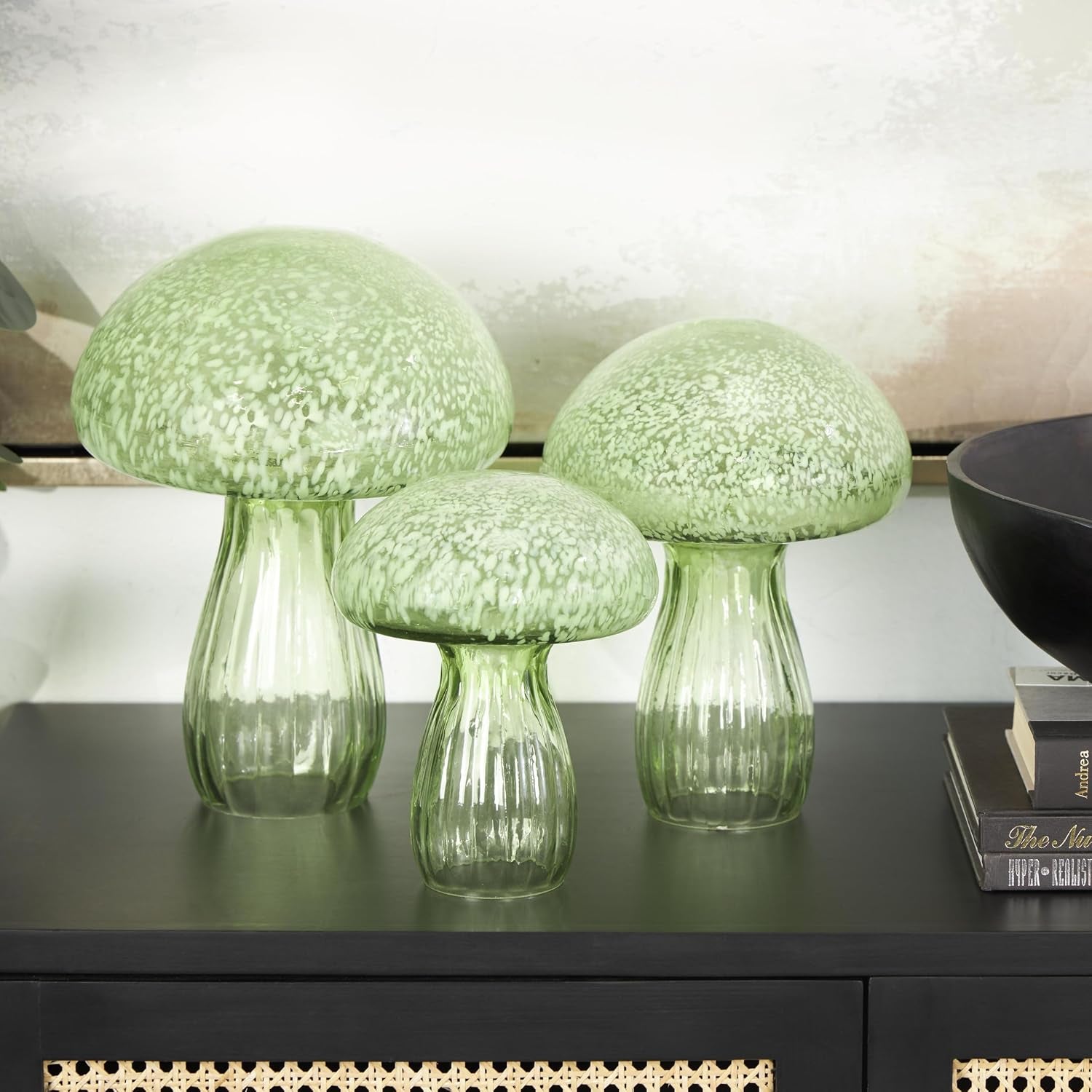 Deco 79 Glass Mushroom Decorative Sculpture Textured Home Decor Statues, Set of 3 Accent Figurines 12", 10", 8"H, Green