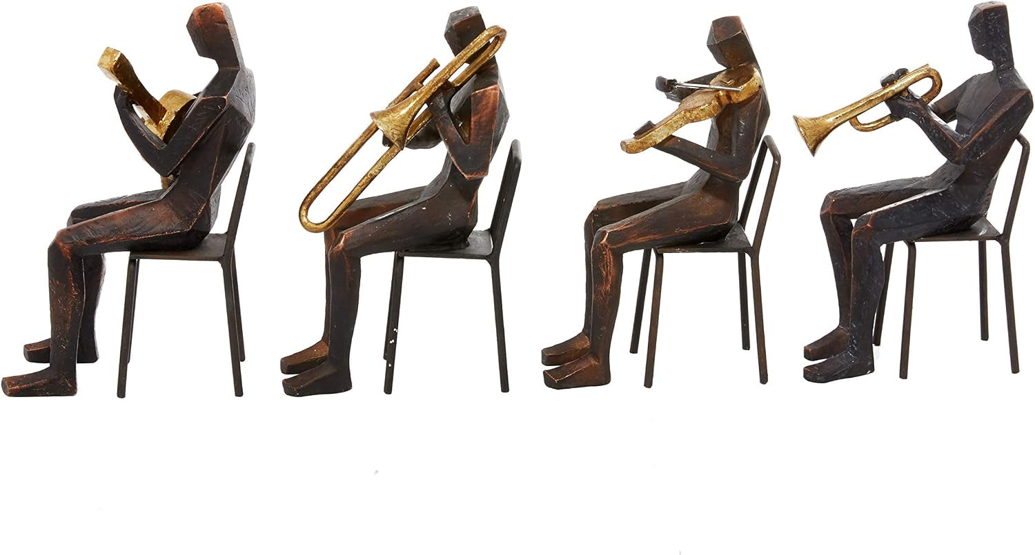 Deco 79 Polystone Musician Decorative Sculpture Home Decor Statues with Gold Instruments, Set of 4 Accent Figurines 5"W, 8"H, Brown
