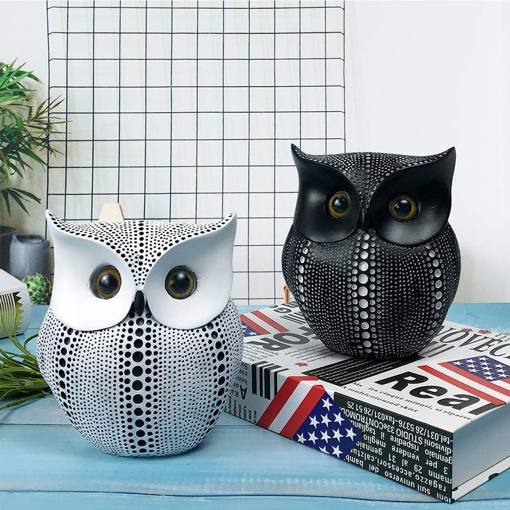 Owl Decor Statue Sculpture for Home, Office, Bookshelf,Tv Stand Decoration Resin Animal Sculpture Minimalist Style Crafts Gift for Friend or Family, Animal Lovers (Black+White)