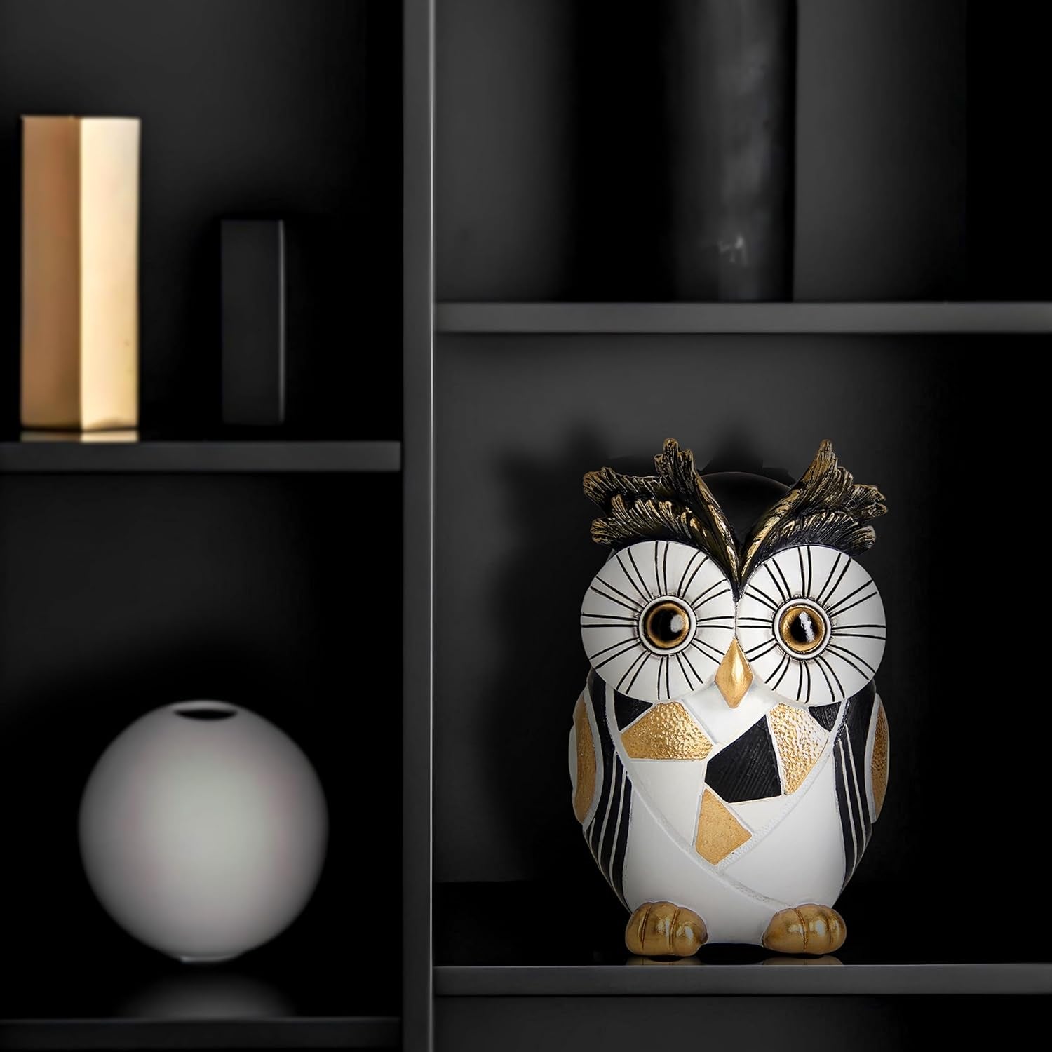 Modern Black and Gold Owl Statue Unique Minimalist Owl Figurine for Home Decor Shelves, Bookshelves, Office Desk Accents Whimsical Animal Sculpture Art Deco Gift for Woman Mom Bird Lovers