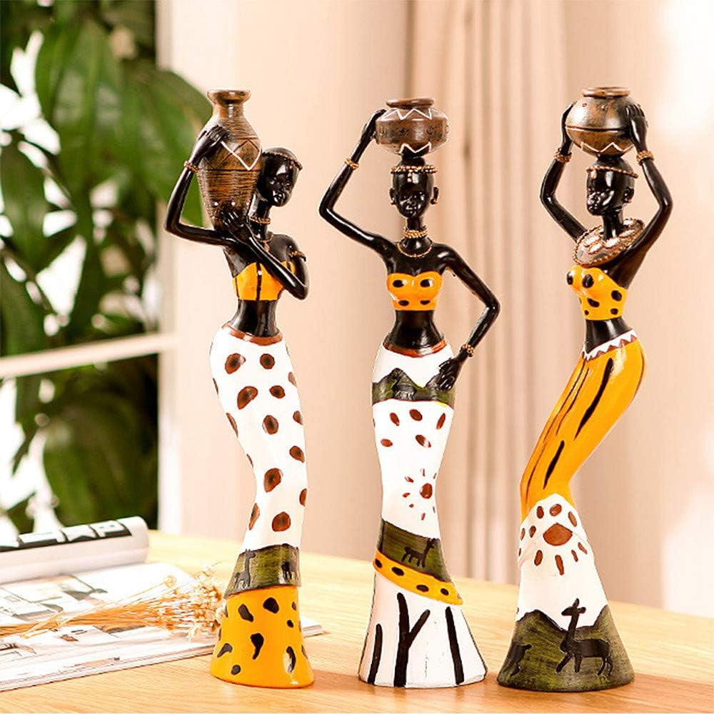 3 Pack African Women Sculpture, 7.5" Exotic Tribal Lady Figurine, Black Statue Home Office Decor, Vintage Collectible Art Crafts Desktop Ornaments Decorations Gift (Yellow)