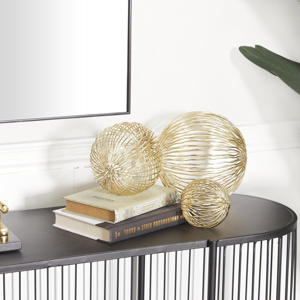 Metal Geometric Decorative Sculpture Home Decor Statues, Set of 3 Accent Figurines 8", 6", 4"H, Gold