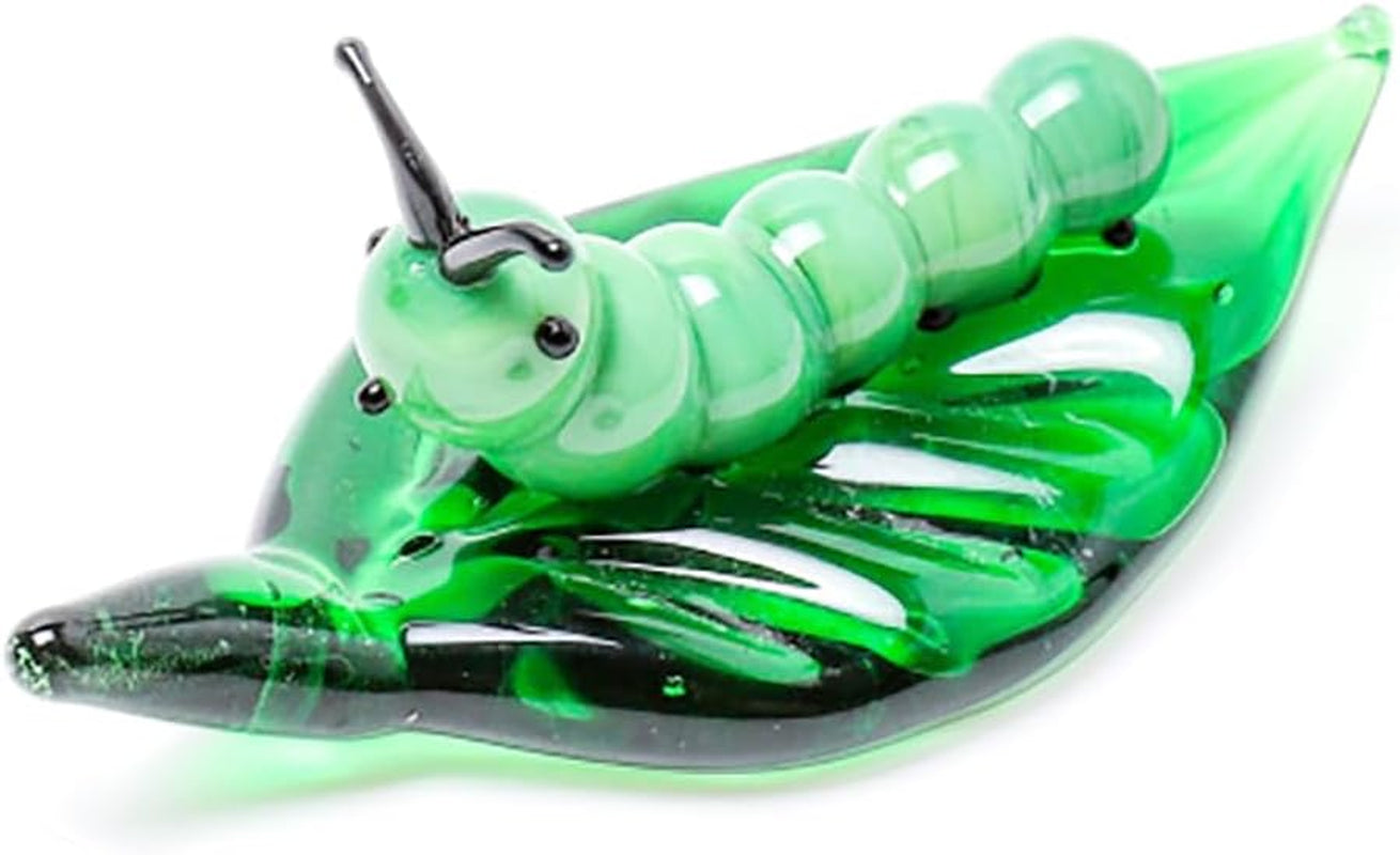 Tiny 2.16" Miniature Green Worm Figurine, Colorful Crystal Bug | Premium Hand Blown Glass Insect Statue. Exquisite Decorative Collectible Figurine. Charming Crystal Decor Gift.