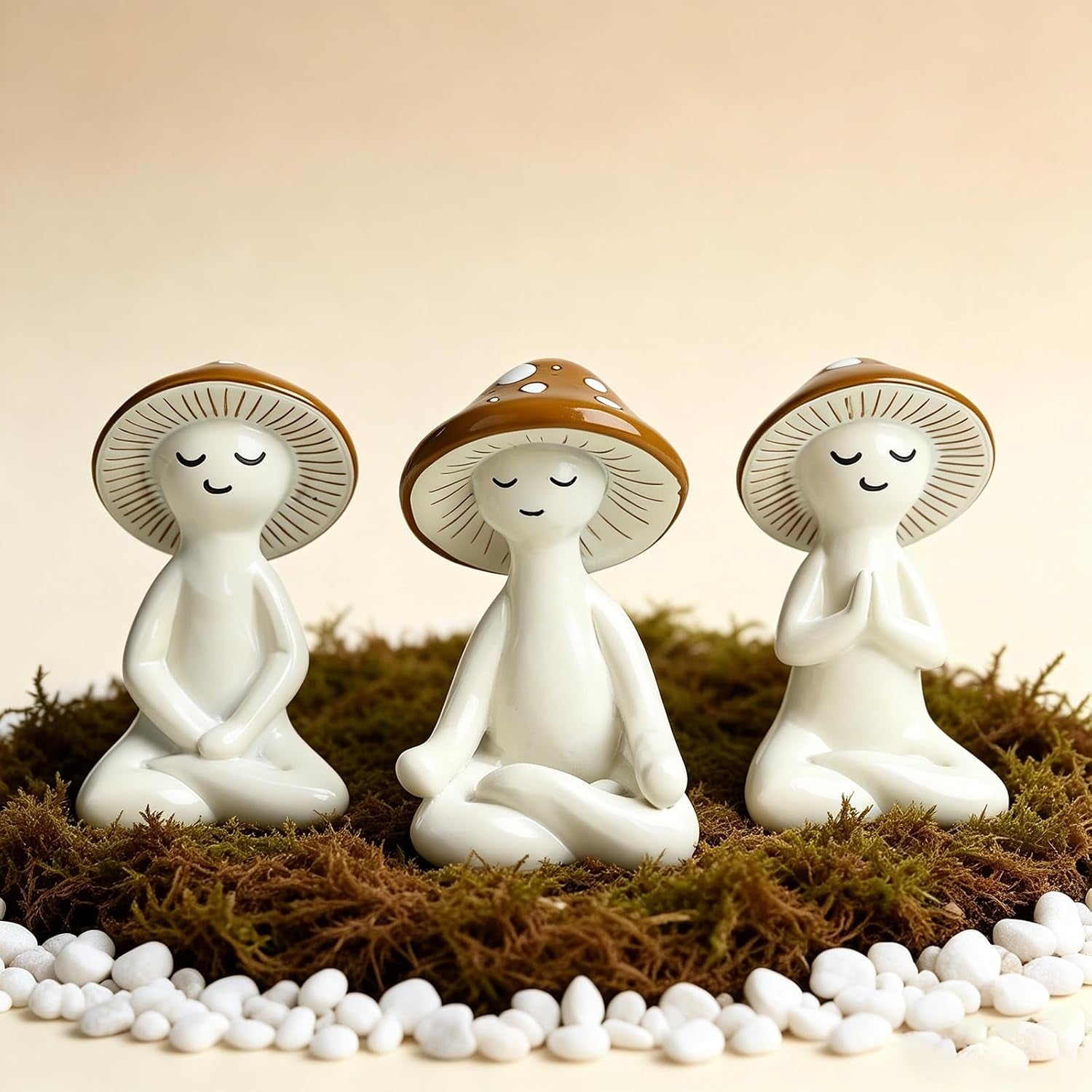 3 Pcs Mushroom Decor Figurines - Meditation Decor Statues for Living Room, Bedroom, Office - Resin Sculptures for Mindfulness Enthusiasts Home Decor Lovers Nature Lovers (White-Brown)
