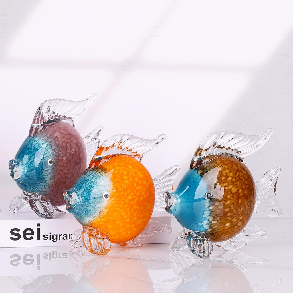 Large Glass Fish Figurines Hand Blown Glass Fish Statue and Sculpture Home Decor, Murano Animal Tropical Sea Glass Paperweights for Desk, Glass Aquarium Coastal Beach Decorative (Orange)