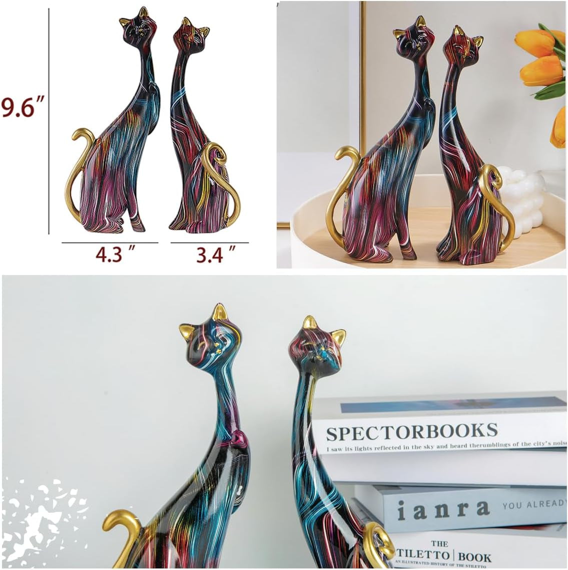 2 Colorful Cat Statue,Creative Graffiti Art Multicolor Cat Figurine Resin Home Decor Splash Color Animal Sculpture Kitten Figurine Modern Home Office Desktop Decoration (Black K)
