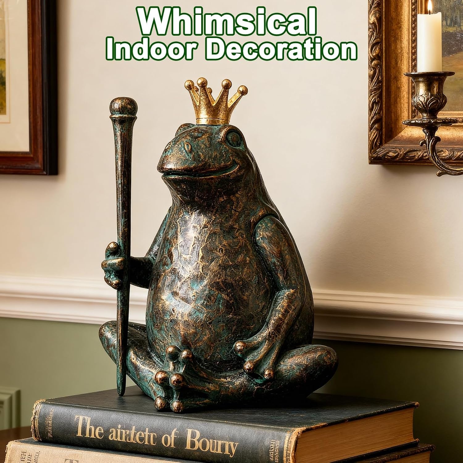 Frog Garden Statue, Yard Decorations Outdoor Decor, Weather-Resistant Animal Figurines & Sculptures, Seated Prince Frog with Scepter for Patio & Lawn, 11.5" H×9.8" L