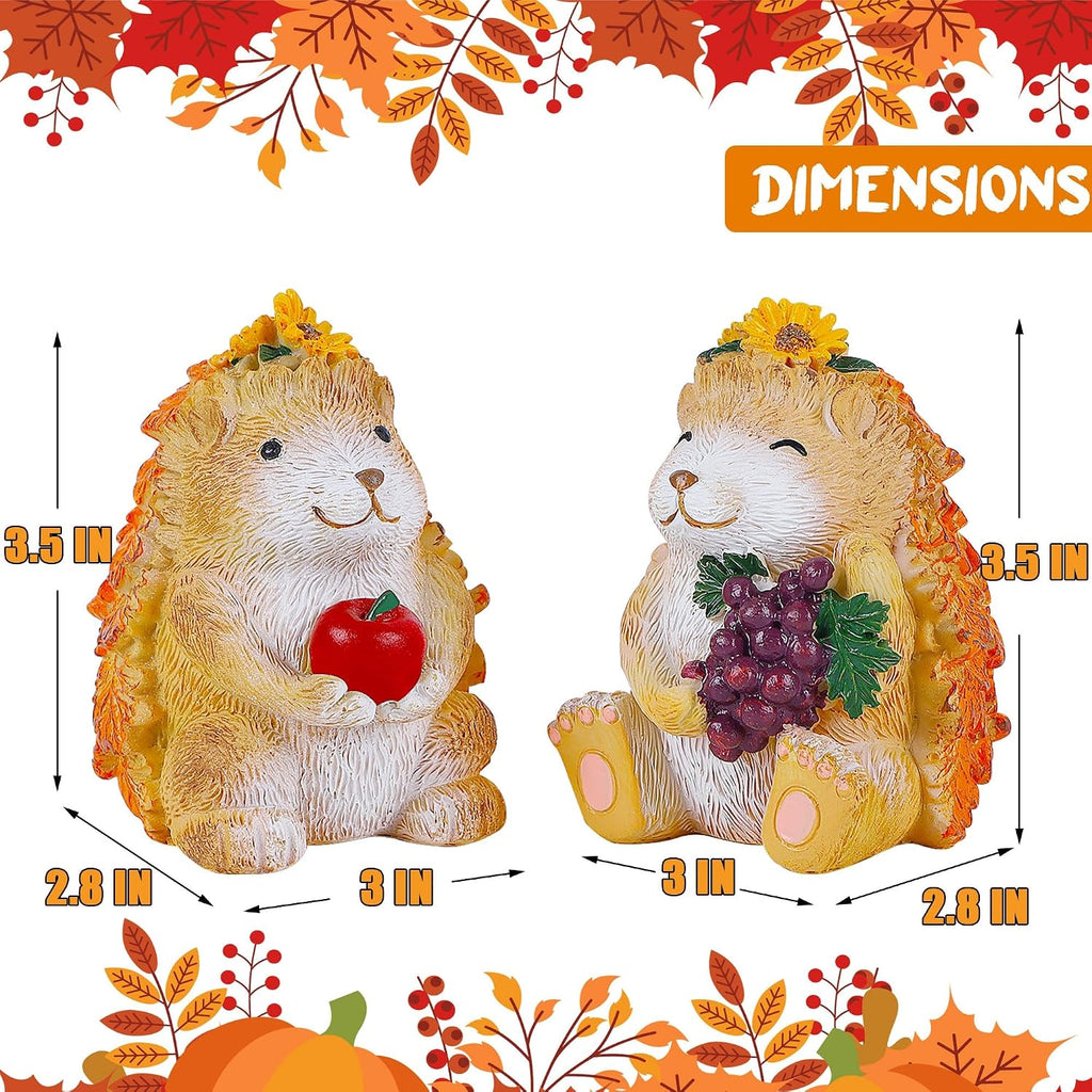 Fall Decorations for Home, 2 Packs Harvest Hedgehog Resin Sculpture with Maple Leaves & Fruits, Autumn Tabletop Ornaments Craft Decor for Thanksgiving and Fall Season
