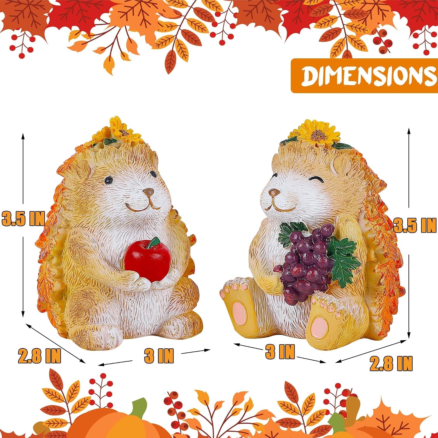 Fall Decorations for Home, 2 Packs Harvest Hedgehog Resin Sculpture with Maple Leaves & Fruits, Autumn Tabletop Ornaments Craft Decor for Thanksgiving and Fall Season