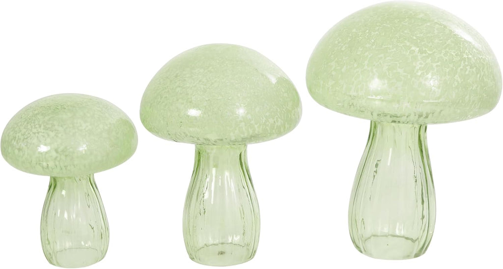 Deco 79 Glass Mushroom Decorative Sculpture Textured Home Decor Statues, Set of 3 Accent Figurines 12", 10", 8"H, Green