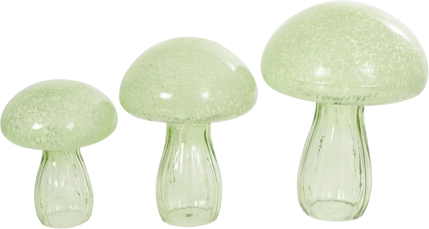 Deco 79 Glass Mushroom Decorative Sculpture Textured Home Decor Statues, Set of 3 Accent Figurines 12", 10", 8"H, Green