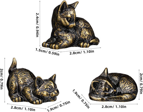 3Pcs Brass Cat Figurines, Tiny Kitten Statue for Cat Lovers Present, Miniature Metal Animal Sculpture for Tea Pet, Home Office Paperweight Desk Decor 1.1 X 0.94 Inch