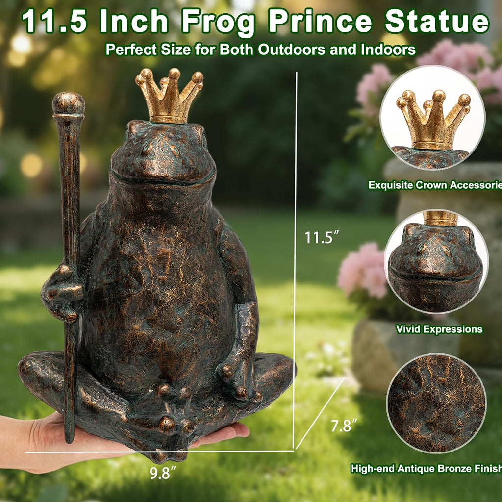 Frog Garden Statue, Yard Decorations Outdoor Decor, Weather-Resistant Animal Figurines & Sculptures, Seated Prince Frog with Scepter for Patio & Lawn, 11.5" H×9.8" L