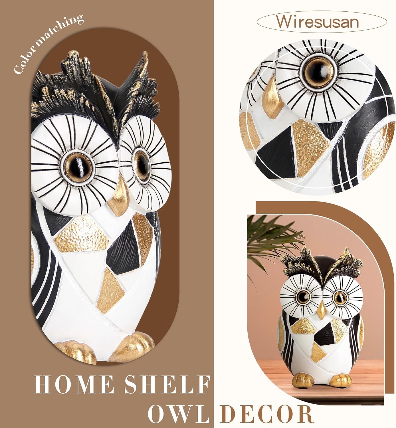 Modern Black and Gold Owl Statue Unique Minimalist Owl Figurine for Home Decor Shelves, Bookshelves, Office Desk Accents Whimsical Animal Sculpture Art Deco Gift for Woman Mom Bird Lovers