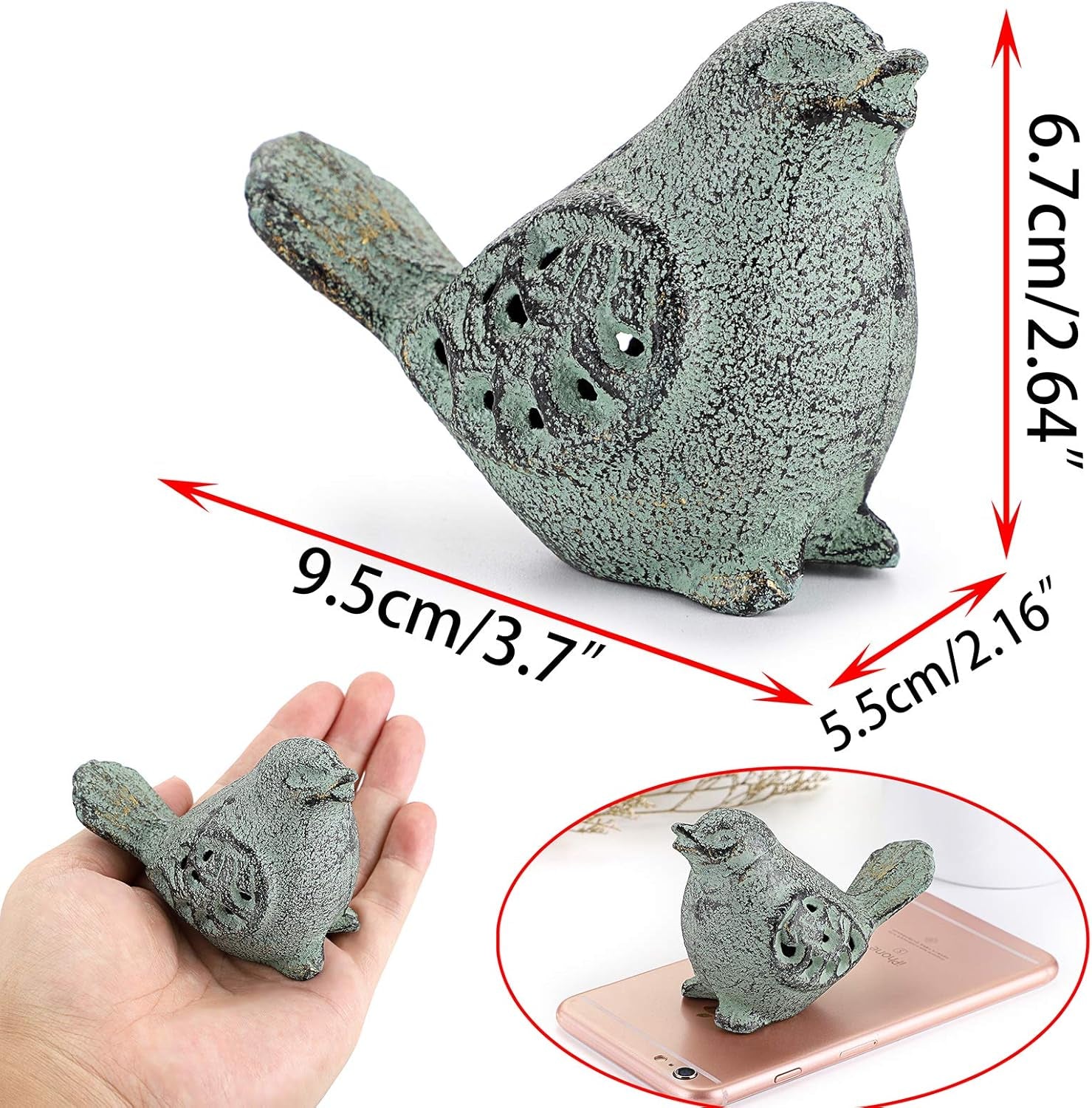 2PCS Cast Iron Green Bird Sculptures - Outdoor & Indoor Small Birds Statues, Hollow Carved Bird Figurines Ornaments Decorative Animal Figurines for Garden Patio Home Decors