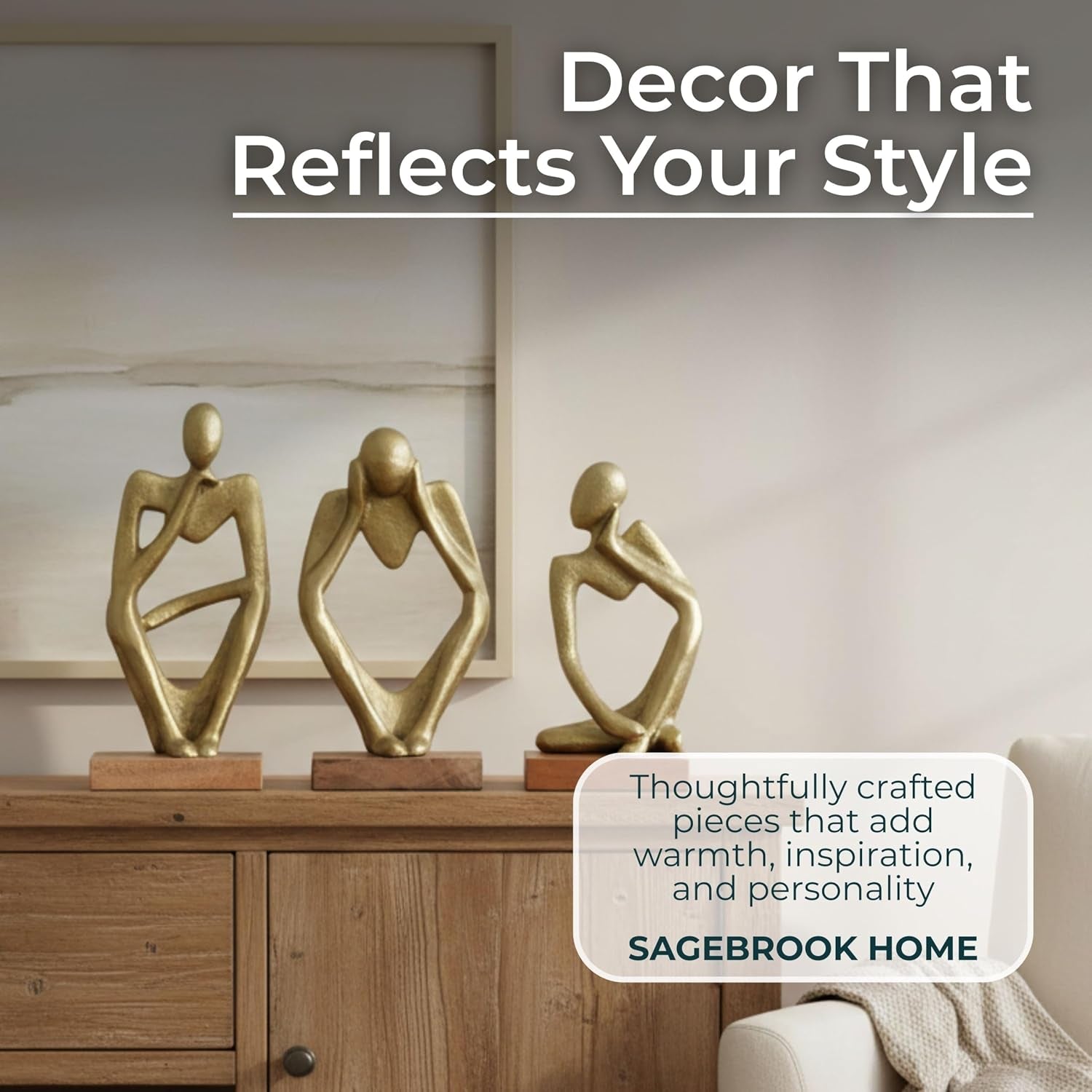 Three Piece Deep Thoughts Figurine Set - Contemporary Gold Thinking Figures - Set of 3 Abstract Decorative Person Statues for Home or Office Decor Accent