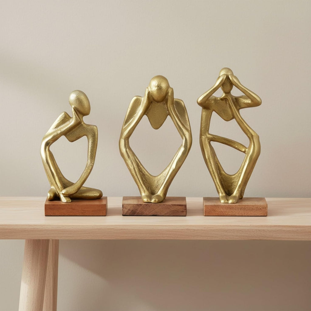 Three Piece Deep Thoughts Figurine Set - Contemporary Gold Thinking Figures - Set of 3 Abstract Decorative Person Statues for Home or Office Decor Accent