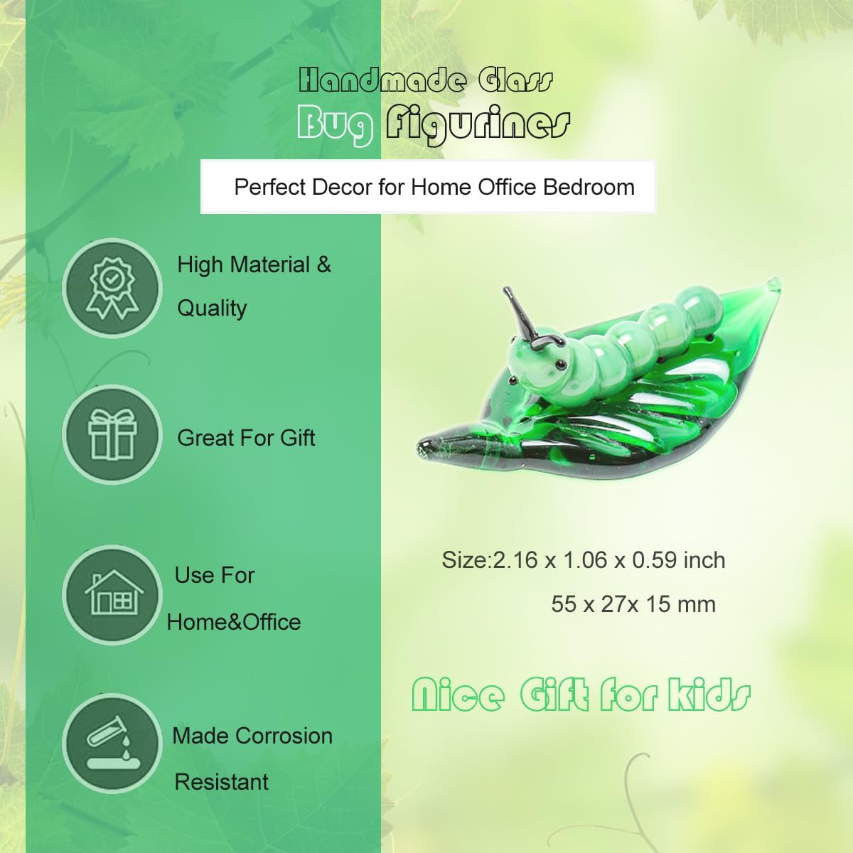 Tiny 2.16" Miniature Green Worm Figurine, Colorful Crystal Bug | Premium Hand Blown Glass Insect Statue. Exquisite Decorative Collectible Figurine. Charming Crystal Decor Gift.