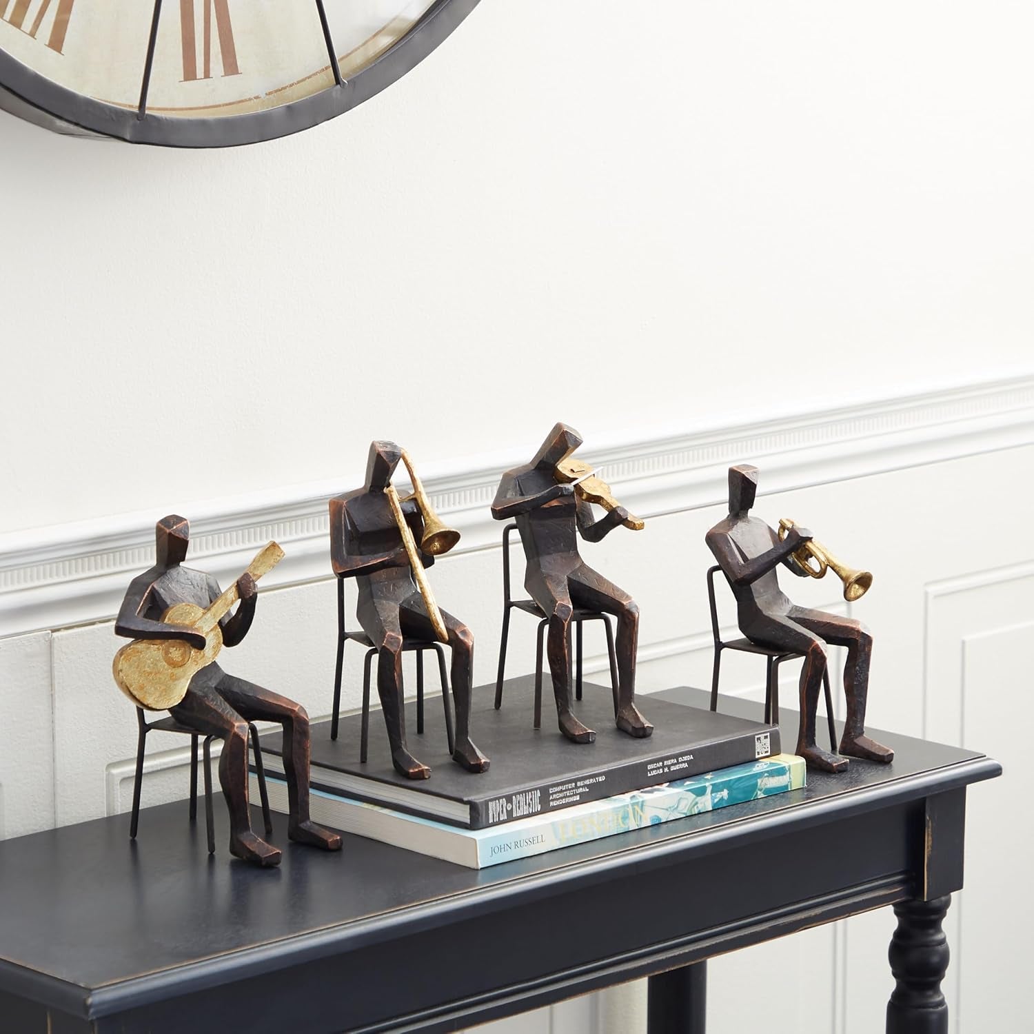 Deco 79 Polystone Musician Decorative Sculpture Home Decor Statues with Gold Instruments, Set of 4 Accent Figurines 5"W, 8"H, Brown