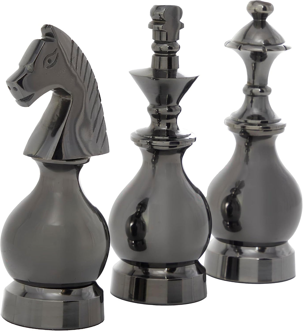 Deco 79 Aluminum Metal Chess Decorative Sculpture King, Knight, Bishop Home Decor Statues, Set of 3 Accent Figurines 9", 9", 8"H, Gray
