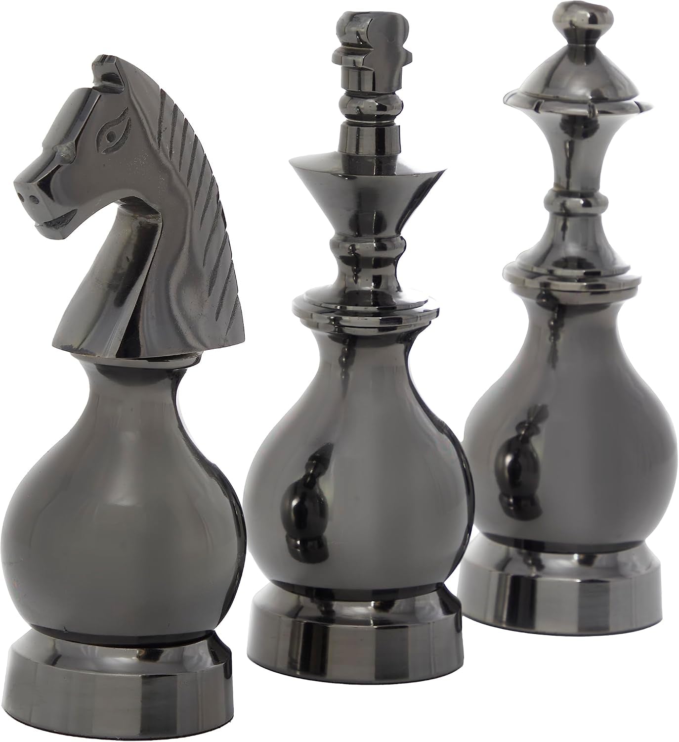 Deco 79 Aluminum Metal Chess Decorative Sculpture King, Knight, Bishop Home Decor Statues, Set of 3 Accent Figurines 9", 9", 8"H, Gray