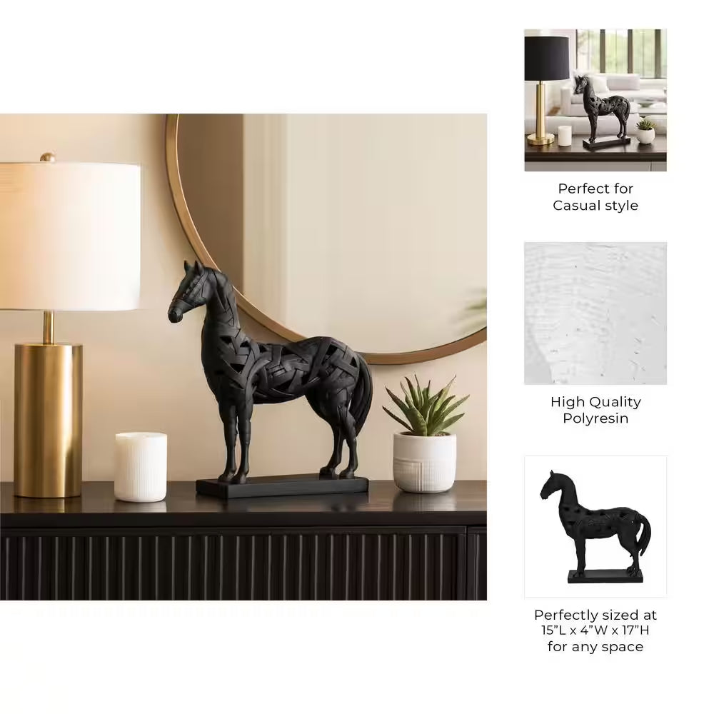 Black 15 In. X 17 In. Resin Polyresin Horse Design Sculpture on Base