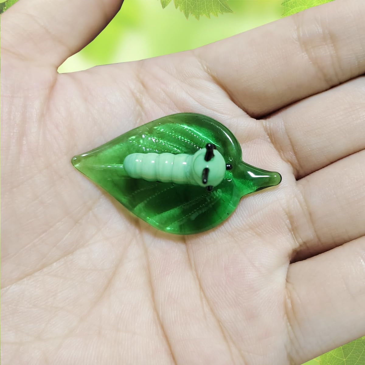 Tiny 2.16" Miniature Green Worm Figurine, Colorful Crystal Bug | Premium Hand Blown Glass Insect Statue. Exquisite Decorative Collectible Figurine. Charming Crystal Decor Gift.