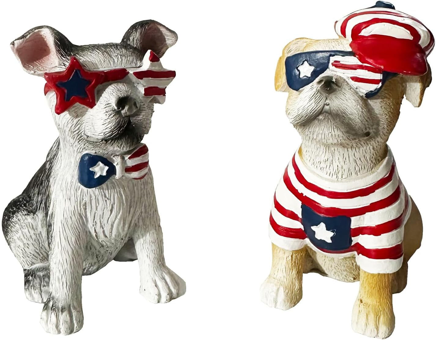 Patriotic Dogs Figurines Set of 2 – American Flag Design Decorative Puppy Statues, Red White and Blue, Stars and Stripes Theme, 4Th of July Americana Home Decor for Tabletop, Shelf, or Mantel Display