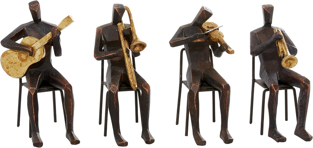 Deco 79 Polystone Musician Decorative Sculpture Home Decor Statues with Gold Instruments, Set of 4 Accent Figurines 5"W, 8"H, Brown