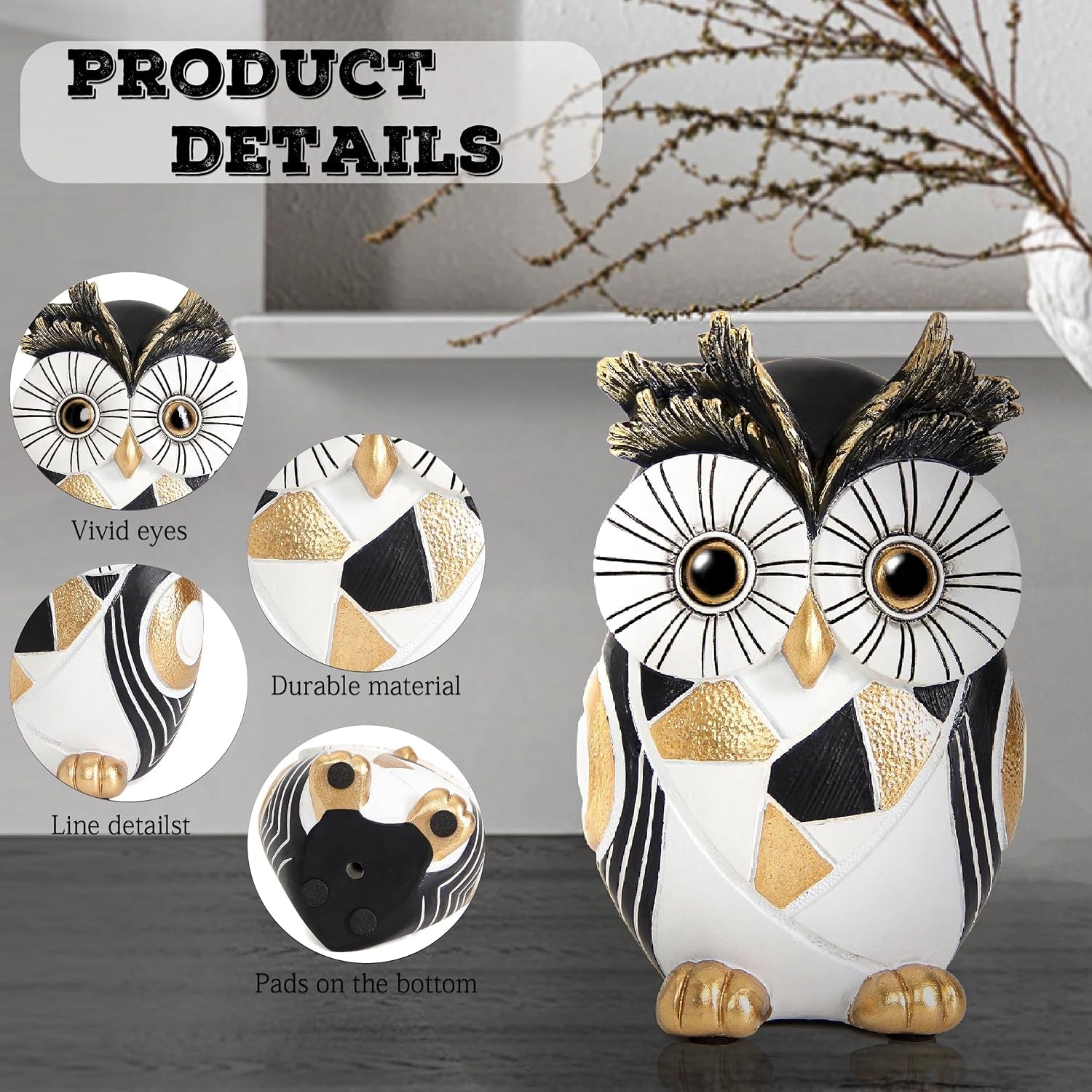 Modern Black and Gold Owl Statue Unique Minimalist Owl Figurine for Home Decor Shelves, Bookshelves, Office Desk Accents Whimsical Animal Sculpture Art Deco Gift for Woman Mom Bird Lovers