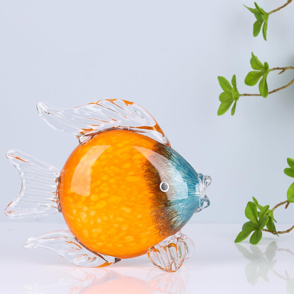Large Glass Fish Figurines Hand Blown Glass Fish Statue and Sculpture Home Decor, Murano Animal Tropical Sea Glass Paperweights for Desk, Glass Aquarium Coastal Beach Decorative (Orange)