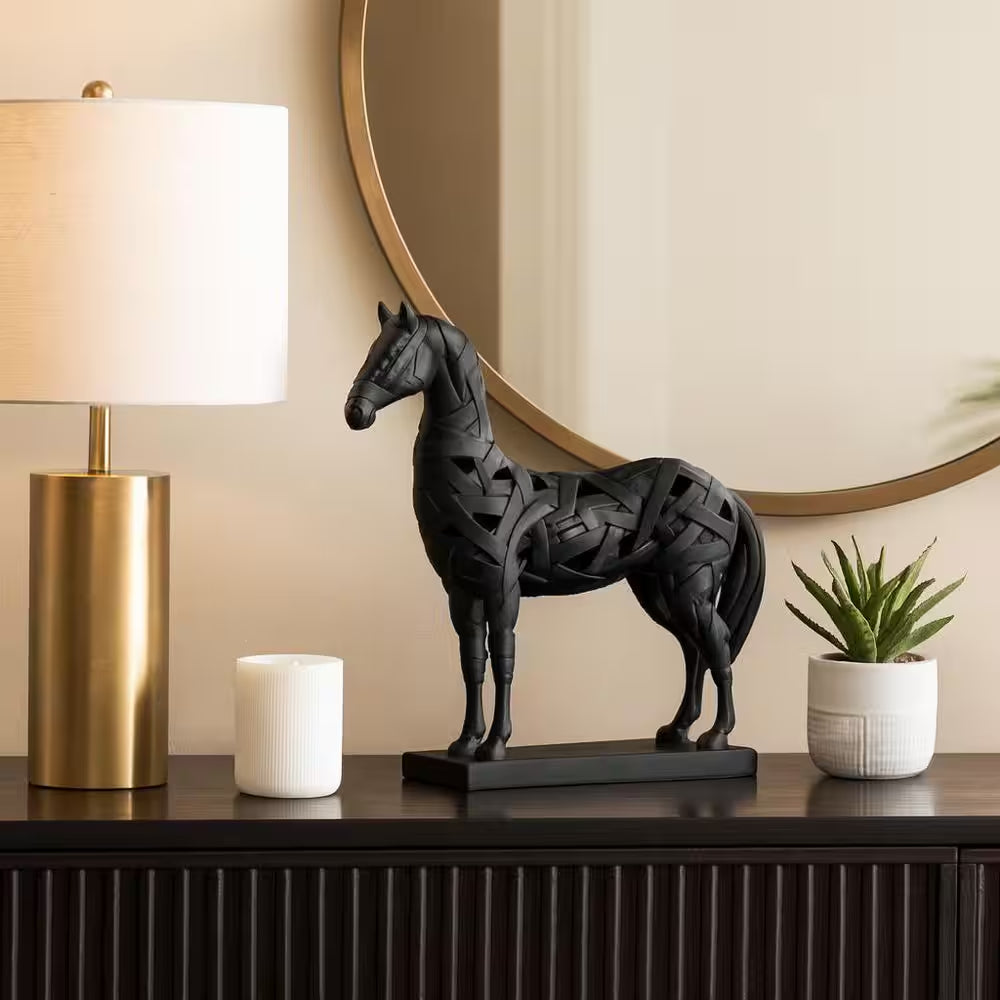 Black 15 In. X 17 In. Resin Polyresin Horse Design Sculpture on Base