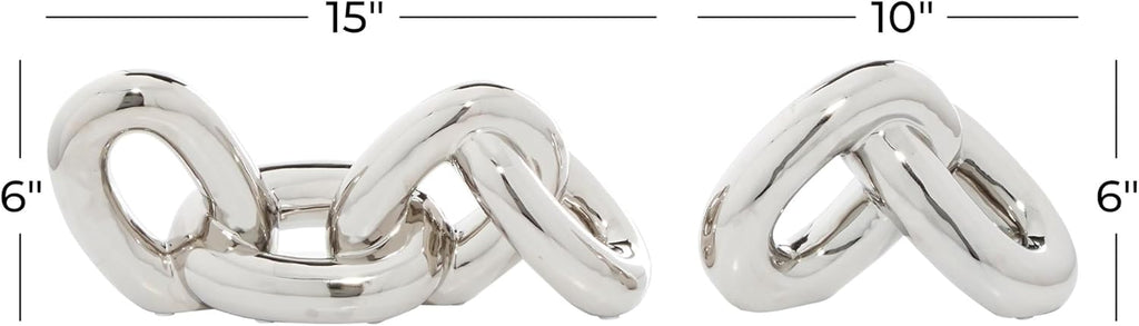 Cosmoliving by Cosmopolitan Porcelain Ceramic Chain Decorative Sculpture Home Decor Statues, Set of 2 Accent Figurines 15"W, 6"H, Silver