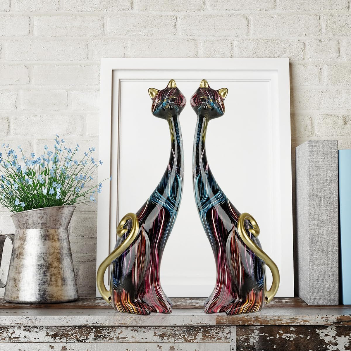 2 Colorful Cat Statue,Creative Graffiti Art Multicolor Cat Figurine Resin Home Decor Splash Color Animal Sculpture Kitten Figurine Modern Home Office Desktop Decoration (Black K)