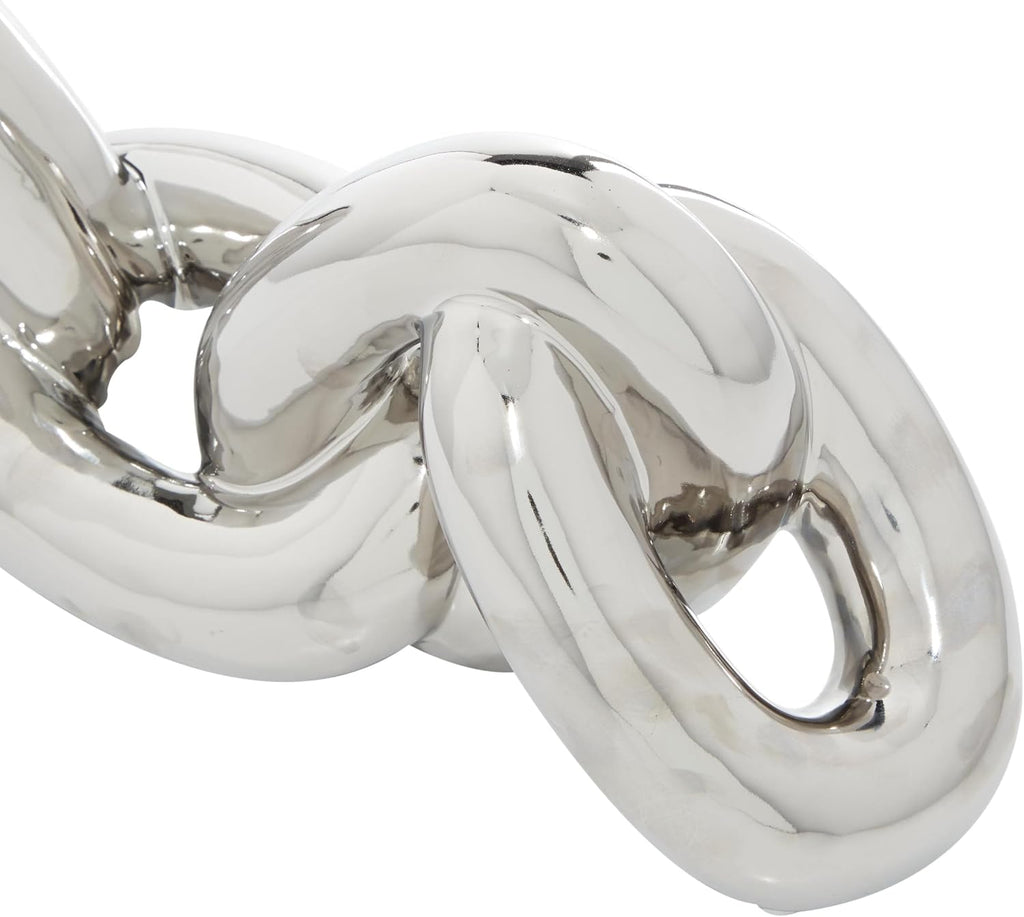 Cosmoliving by Cosmopolitan Porcelain Ceramic Chain Decorative Sculpture Home Decor Statues, Set of 2 Accent Figurines 15"W, 6"H, Silver