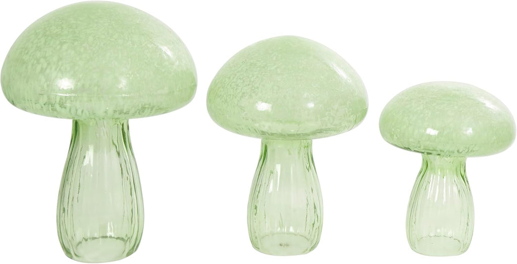Deco 79 Glass Mushroom Decorative Sculpture Textured Home Decor Statues, Set of 3 Accent Figurines 12", 10", 8"H, Green