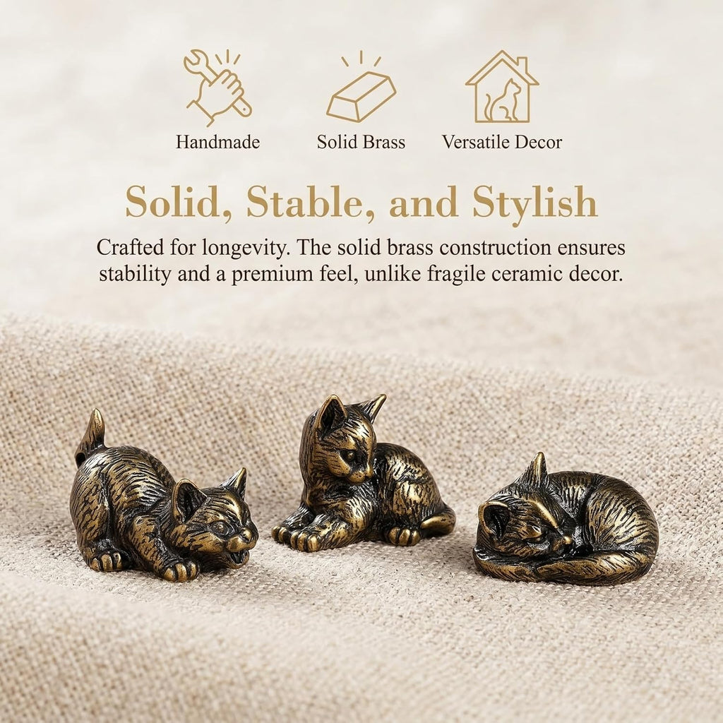 3Pcs Brass Cat Figurines, Tiny Kitten Statue for Cat Lovers Present, Miniature Metal Animal Sculpture for Tea Pet, Home Office Paperweight Desk Decor 1.1 X 0.94 Inch