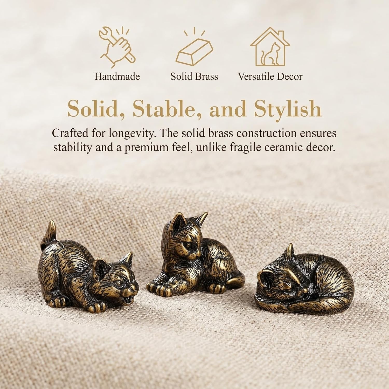 3Pcs Brass Cat Figurines, Tiny Kitten Statue for Cat Lovers Present, Miniature Metal Animal Sculpture for Tea Pet, Home Office Paperweight Desk Decor 1.1 X 0.94 Inch