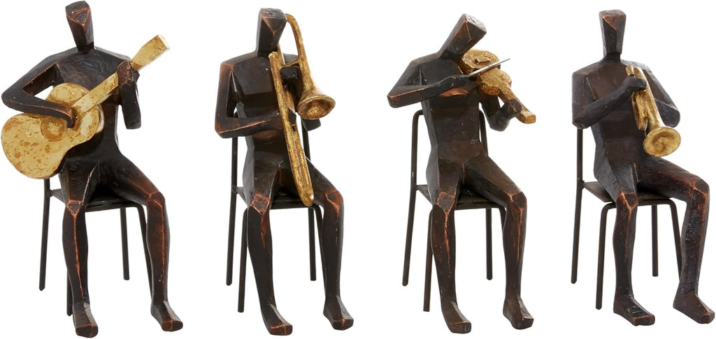 Deco 79 Polystone Musician Decorative Sculpture Home Decor Statues with Gold Instruments, Set of 4 Accent Figurines 5"W, 8"H, Brown