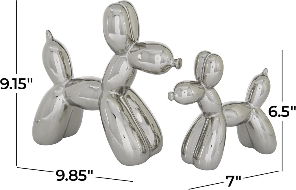 Deco 79 Porcelain Ceramic Dog Sculpture, Set of 2 Sculpture 9", 7"H, Silver | Decorative Dog Animals Balloon Home Decor Statues Statue Figurine
