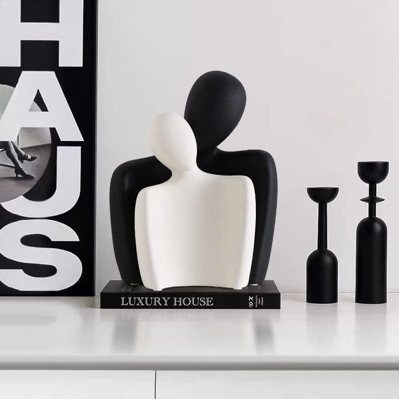 Ceramic Couple Statues - Hugging Couple Figurines for Shelf and Table, Modern Romantic Sculptures for Living Room, Bedroom, Office Decor - Black White
