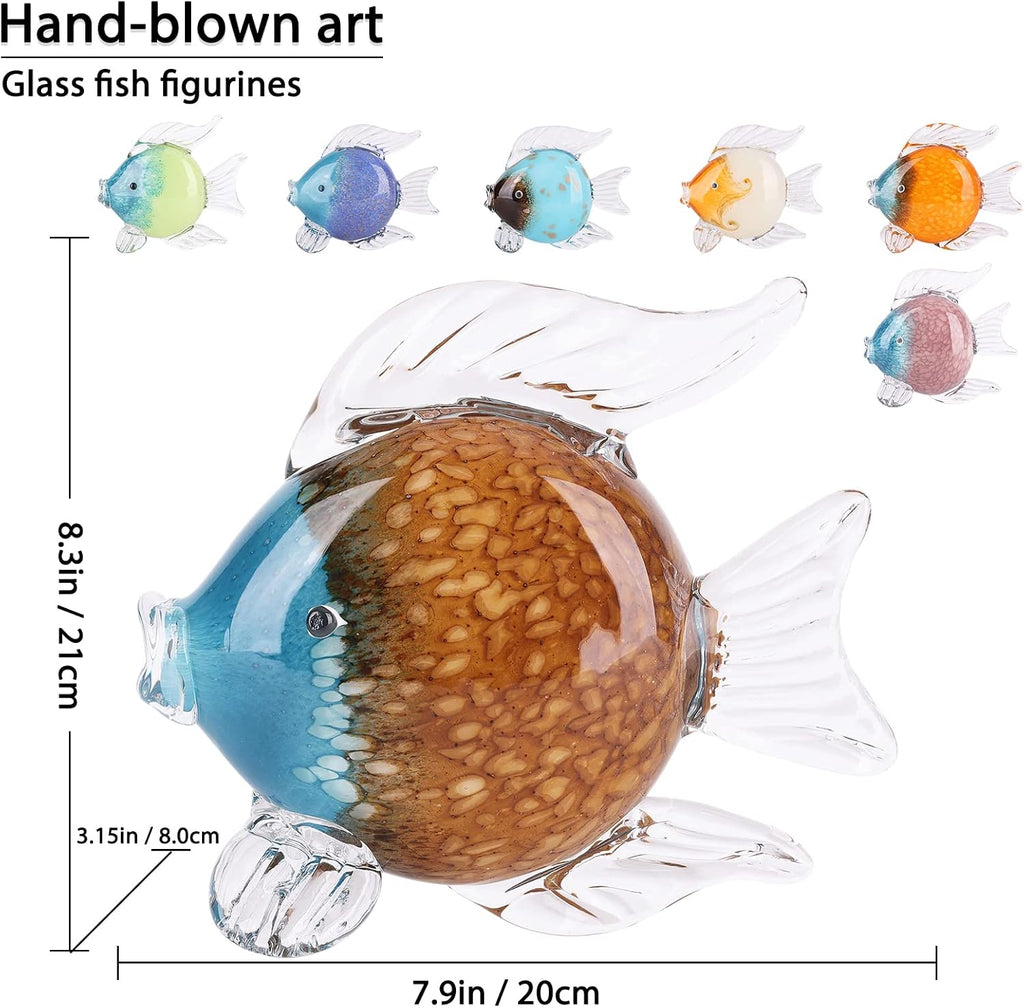 Large Glass Fish Figurines Hand Blown Glass Fish Statue and Sculpture Home Decor, Murano Animal Tropical Sea Glass Paperweights for Desk, Glass Aquarium Coastal Beach Decorative (Orange)