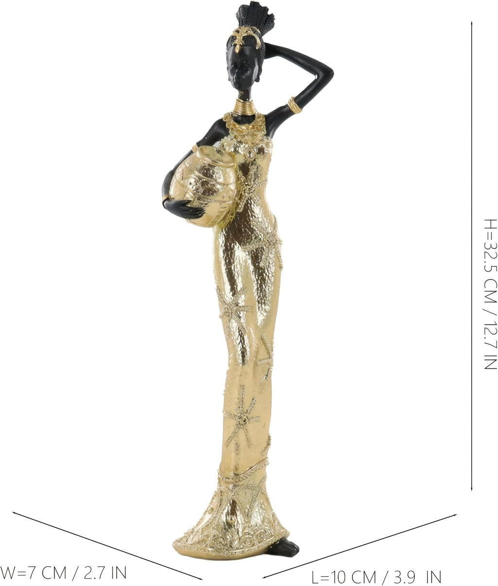 Set of 2 Resin African Women Statues – Gold Tribal Figurines with Pots, Afrocentric Ethnic Sculpture for Home Decor, Elegant African Lady Decor for Living Room, Shelf, Gift