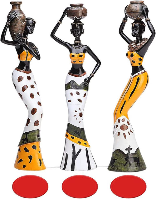3 Pack African Women Sculpture, 7.5" Exotic Tribal Lady Figurine, Black Statue Home Office Decor, Vintage Collectible Art Crafts Desktop Ornaments Decorations Gift (Yellow)