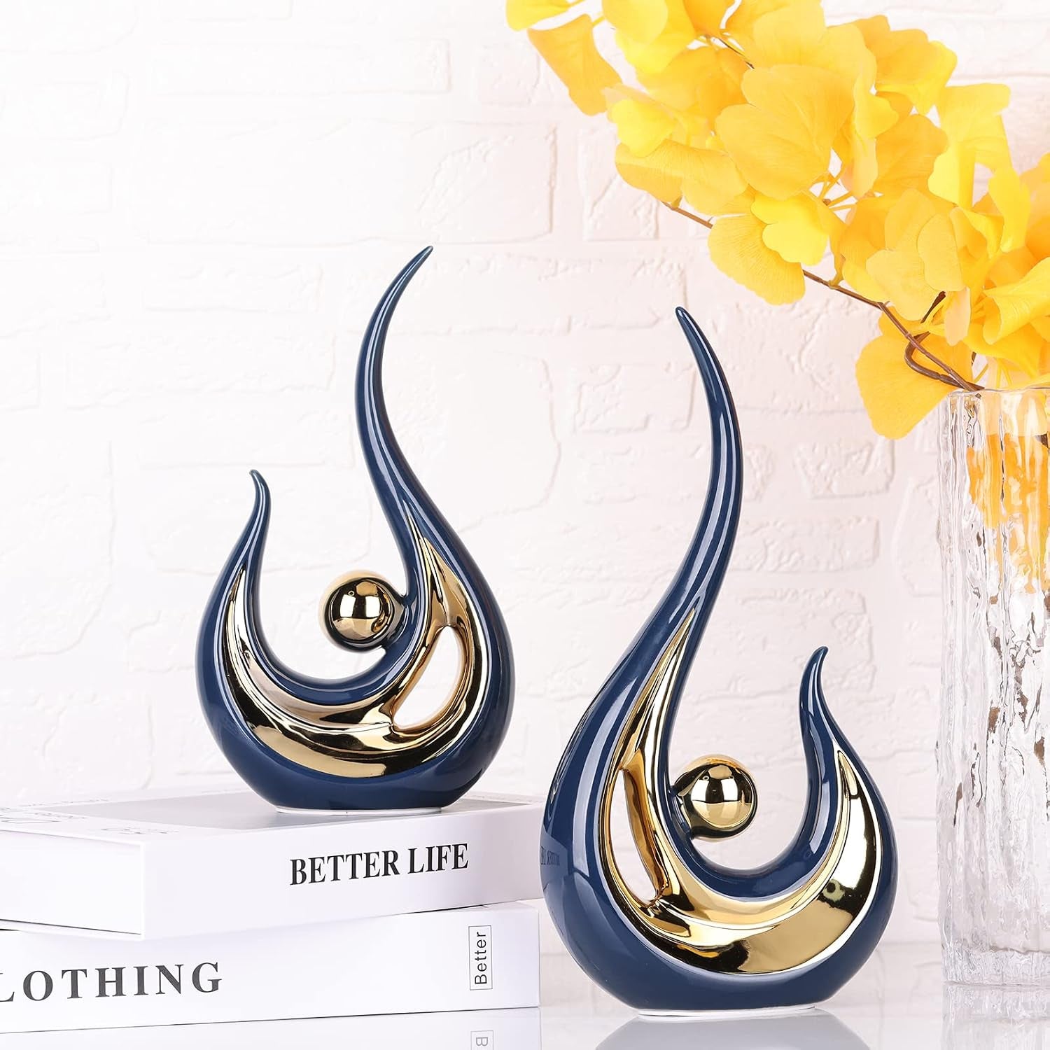2-Pack Modern Abstract Art Home Decor Accent, Contemporary Statues Coffee Table Decor for Living Room, Dining Room Centerpieces, Ceramic Sculptures and Silver Knick Knacks for TV Stand Decor