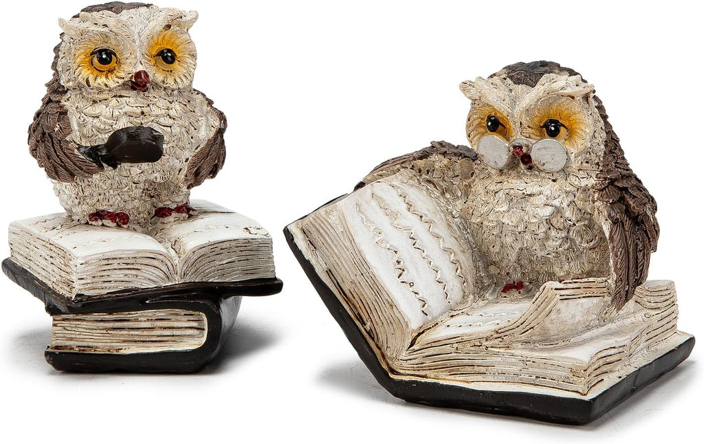Adorable Reading Owl Statue, 2 Wise Owl Thinker Sculptures Home Decor Accents, Retro Animal Decor Owl Figurines for Living Room Bedroom Office TV Stand Tabletop Shelf Mantel, Gift for Men Birds Lover