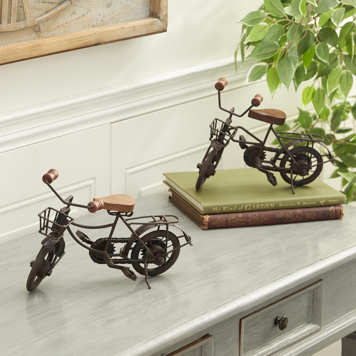 Deco 79 Metal Bike Decorative Sculpture Home Decor Statues with Wood Accents, Set of 2 Accent Figurines 12" X 5" X 7", Black
